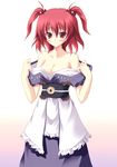  bare_shoulders breasts cleavage coin collarbone dress hair_bobbles hair_ornament medium_breasts obi off_shoulder onozuka_komachi red_eyes red_hair ruru_(heat_haze) sash solo touhou two_side_up undressing 