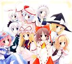  alice_margatroid animal_ears blonde_hair bunny_ears hakurei_reimu hat hitodama izayoi_sakuya jpeg_artifacts kirisame_marisa konpaku_youmu konpaku_youmu_(ghost) long_sleeves multiple_girls reisen_udongein_inaba remilia_scarlet saigyouji_yuyuko touhou witch_hat yakumo_yukari yukitarou_(awamori) 