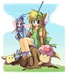  artist_request blonde_hair blue_eyes chibi faerie_(seiken_densetsu_3) fairy long_hair low-tied_long_hair multiple_girls mushroom rabite riesz seiken_densetsu seiken_densetsu_3 