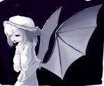  bangs bat_wings black_background cowboy_shot crying crying_with_eyes_open frilled_sleeves frills from_side hat hat_ribbon holding holding_knife knife mob_cap monochrome open_mouth purple remilia_scarlet ribbon sad simple_background skirt sleeves_past_elbows solo streaming_tears tears touhou two-handed vest wings x6suke 