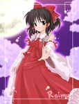  artist_request ascot black_eyes bow brown_hair character_name cravat dress duplicate frills full_moon hair_ribbon hair_tubes hakurei_reimu long_sleeves moon outstretched_hand purple_background red_dress ribbon short_hair solo source_request touhou 
