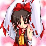  armpits arms_up bow closed_eyes detached_sleeves hair_bow hakurei_reimu long_sleeves lowres oekaki solo stretch tilm touhou upper_body 