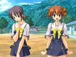  :o blush bow brown_hair day embarrassed fumio_(ura_fmo) game_cg grey_hair multiple_girls open_mouth outdoors sakura_chika school_uniform short_twintails sorauta surprised twintails yuunagi_mio 