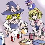  alice_margatroid apron artist_request blonde_hair blue_eyes book bowl brown_eyes capelet cup doll flying hat hourai_doll kirisame_marisa long_sleeves lowres multiple_girls oekaki table tea teapot touhou witch_hat 