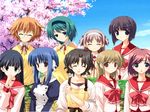  amazuyu_tatsuki apron bow closed_eyes everyone glasses green_hair ilfa kaoruko_(to_heart_2) kasumi_(to_heart_2) kusakabe_yuuki_(to_heart_2) long_hair long_sleeves multiple_girls nanako_(to_heart_2) open_mouth reona_(to_heart_2) robot robot_ears school_uniform short_hair sweater_vest to_heart_2 twintails yamada_michiru yoshioka_chie yuzuhara_haruka 