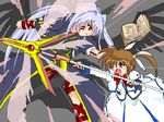  arm_belt artist_request battle brown_hair duel energy_wings facial_mark fingerless_gloves gloves jacket leg_belt long_sleeves lyrical_nanoha magazine_(weapon) magical_girl mahou_shoujo_lyrical_nanoha mahou_shoujo_lyrical_nanoha_a's multiple_girls multiple_wings open_clothes open_jacket purple_eyes raising_heart red_eyes reinforce silver_hair takamachi_nanoha too_many_belts twintails waist_cape wings 