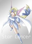  armor artist_request blonde_hair blue_eyes blue_footwear boots cape character_name hair_ribbon helmet knee_boots long_hair low-tied_long_hair ribbon riesz seiken_densetsu seiken_densetsu_3 solo star_lancer very_long_hair winged_helmet 