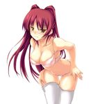  :3 blush bra breasts brown_eyes cleavage kousaka_tamaki large_breasts leaning_forward lingerie long_hair naughty_face navel panties panty_pull pink_panties pubic_hair red_hair soba_(saz) solo standing thigh_gap thighhighs to_heart_2 underwear underwear_only undressing white_legwear 