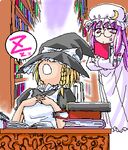  anger_vein artist_request blonde_hair blue_bow book bow braid crescent crescent_hair_ornament glasses hair_ornament hair_ribbon hat holding holding_book indoors kirisame_marisa library long_sleeves lowres multiple_girls open_mouth patchouli_knowledge purple_eyes purple_hair red_bow ribbon short_sleeves sleeping touhou witch_hat zzz 