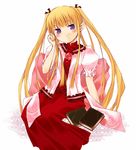  blonde_hair blush book cross-laced_clothes dress floral_print hand_on_own_cheek long_hair looking_at_viewer nu_(plastic_eraser) puffy_short_sleeves puffy_sleeves purple_eyes red_dress rose_print rozen_maiden shinku short_sleeves sitting smile solo twintails 