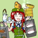  ^_^ animal animal_on_head bamboo_steamer bird bird_on_head blush_stickers bow bowl braid chick chicken_(food) china_dress chinese_clothes closed_eyes cup dress dual_wielding food food_delivery_box green_background hair_bow hair_ribbon hat holding holding_tray hong_meiling long_hair lowres monolith_(suibou_souko) oekaki on_head open_mouth red_hair ribbon salad short_sleeves smile solo star steam sweatdrop tea_set teacup teapot touhou tray twin_braids 
