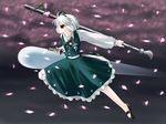  albino artist_request black_hairband dress dual_wielding flower green_dress grey_background hairband hitodama holding konpaku_youmu konpaku_youmu_(ghost) long_sleeves petals red_eyes scabbard serious sheath shoes short_hair solo sword touhou weapon white_hair 