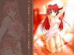  adjusting_hair armpits arms_up artist_request barefoot blush breasts camisole kneeling kousaka_tamaki long_hair looking_at_viewer medium_breasts on_bed panties pink_panties red_eyes red_hair smile sunlight to_heart_2 tying_hair underwear very_long_hair wallpaper 