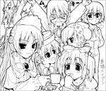  &gt;_&lt; artist_request border breath bun_cover character_request closed_eyes cosplay cup fingerless_gloves gloves greyscale hair_ribbon hat long_hair long_sleeves looking_at_viewer monochrome multiple_girls outstretched_arms ribbon rozen_maiden school_uniform short_hair standing to_heart_2 