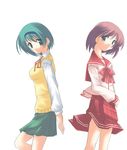  artist_request blue_eyes brown_hair green_eyes green_hair hairband long_sleeves looking_at_viewer multiple_girls pleated_skirt reona_(to_heart_2) school_uniform skirt sweater_vest to_heart_2 yoshioka_chie 