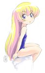  blonde_hair blue_eyes long_hair one-piece_swimsuit pani_poni_dash! randou rebecca_miyamoto sitting solo swimsuit 