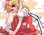  artist_request blonde_hair crystal demon_wings dress flandre_scarlet hat laevatein looking_at_viewer lowres one_side_up pixel_art red_eyes smile socks solo touhou vampire wings 