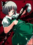  artist_request black_hairband blush dress green_dress green_eyes grey_hair hairband konpaku_youmu red_background scabbard serious sheath short_hair solo touhou 