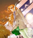  bag building buttons coat dutch_angle green_legwear green_skirt grocery_bag holding long_sleeves orange_eyes orange_hair outdoors parted_lips scarf serio seura_isago shopping_bag skirt solo standing sunlight thighhighs to_heart wind 