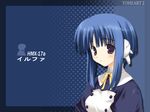  amazuyu_tatsuki blue_background blue_hair blush border buttons character_name copyright_name headgear ilfa looking_at_viewer red_eyes ribbon robot_ears short_hair sidelocks simple_background solo to_heart_2 wallpaper 