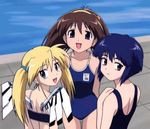  :d artist_request asakura_rin bare_shoulders blonde_hair blue_eyes blue_hair blue_swimsuit brown_eyes brown_hair clothes_writing competition_school_swimsuit looking_at_viewer looking_back looking_up mechanical_wings multiple_girls nagaoka_shiki name_tag nanase_narue narue_no_sekai one-piece_swimsuit open_mouth pool poolside purple_eyes smile standing swimsuit twintails wings 