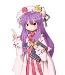  book cappccino crescent hair_ribbon hat long_hair long_sleeves patchouli_knowledge pink_hat pointing purple_hair ribbon solo touhou 