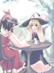  blonde_hair brown_eyes brown_hair chair chin_rest cup hair_ribbon hair_tubes hakurei_reimu hat kirisame_marisa long_sleeves multiple_girls ribbon saucer sitting smile table takanashi_akihito touhou witch_hat 