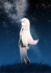  artist_request expressionless grass long_hair long_sleeves lucy_maria_misora night night_sky outdoors ribbon sidelocks sky solo standing star_(sky) starry_sky to_heart_2 white_hair 