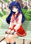  1girl bench book bow kedo_mitsuharu kurusugawa_serika long_sleeves nagase_genshirou peeping pink_bow pleated_skirt school_uniform sitting skirt to_heart 
