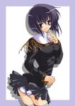  artist_request ass black_dress dress long_sleeves looking_back miniskirt murasame_shion panties pantyshot pantyshot_(standing) pleated_skirt purple_hair seraphim_call short_hair simple_background skirt solo standing thighhighs underwear white_panties 