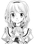  :o alice_margatroid blush_stickers bow doll fujiwara_shun'ichi greyscale hairband hands_on_own_cheeks hands_on_own_face holding lowres monochrome open_mouth shanghai_doll short_hair smile solo source_request touhou 