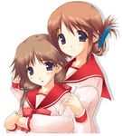  :o artist_request blue_eyes blush brown_hair folded_ponytail komaki_manaka long_sleeves multiple_girls parted_lips school_uniform simple_background smile to_heart_2 upper_body white_background yuri 