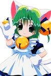  \m/ animal_ears animal_hat artist_request bell cat_ears cat_hat dejiko di_gi_charat gloves green_eyes green_hair hair_bell hair_ornament hand_on_hip hat jingle_bell looking_at_viewer maid short_hair simple_background smile solo tail white_background white_gloves 
