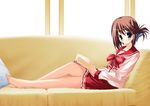  artist_request barefoot book bow bowtie couch folded_ponytail full_body indoors komaki_manaka long_sleeves looking_at_viewer open_book pink_shirt pleated_skirt reclining red_skirt school_uniform shirt sitting skirt solo to_heart_2 window 