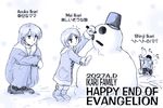  2girls ankle_boots artist_request blush boots bucket bucket_on_head child coat family fume gloves if_they_mated ikari_shinji long_sleeves monochrome multiple_girls neon_genesis_evangelion object_on_head pants shovel smile snow snowman souryuu_asuka_langley squatting translated winter_clothes 