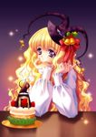  blonde_hair cake carnelian chin_rest eyes food fruit hat highres kogechibi light_smile lilith_(yamibou) long_hair long_sleeves multiple_girls pastry purple_eyes smile strawberry sweatdrop very_long_hair wavy_hair witch_hat yami_to_boushi_to_hon_no_tabibito 