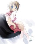  blue_eyes blush folded_ponytail kantoku komaki_manaka looking_at_viewer no_shoes open_mouth pleated_skirt red_skirt school_uniform short_sleeves sitting skirt socks solo to_heart_2 