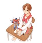  artist_request bangs braid brown_hair desk eraser glasses hoshina_tomoko kneehighs long_sleeves mecha optimus_prime parted_bangs pencil pencil_case sailor_collar school_uniform serafuku sitting solo to_heart toy transformers writing 