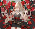  blonde_hair braids dino_(trexsilence) dress elbow_gloves flowers gloves japanese_clothes long_hair pointed_ears ponytail red_eyes seven_knights 