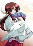  blue_eyes blush covering_mouth fan folding_fan hakama japanese_clothes kishi_nisen long_hair long_sleeves miko miyashiro_karin ponytail red_hair red_hakama solo suigetsu 