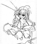  :d ahoge braid dress frilled_dress frills greyscale hat hat_ornament lyrical_nanoha mahou_shoujo_lyrical_nanoha mahou_shoujo_lyrical_nanoha_a's monochrome open_mouth puffy_short_sleeves puffy_sleeves short_sleeves smile soba_(saz) solo twin_braids twintails v-shaped_eyebrows vita 