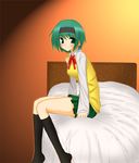  artist_request bed green_hair kneehighs long_sleeves school_uniform short_hair socks solo to_heart_2 yoshioka_chie 