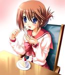  blue_eyes brown_hair cake eating folded_ponytail food hair_ornament hairclip komaki_manaka long_sleeves open_mouth otoki_raku school_uniform serafuku short_hair solo spoon table to_heart_2 