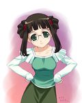  black_hair blouse breasts brown_hair casual fujisawa_yayoi_(uchuu_no_stellvia) glasses green_eyes hair_bun hair_ornament hands_on_hips head_tilt long_sleeves looking_at_viewer medium_breasts murakami_suigun sidelocks skirt sleeves_past_wrists solo uchuu_no_stellvia 