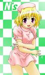  artist_request blonde_hair buttons checkered checkered_background earrings glint holding holding_syringe jewelry looking_at_viewer lyrical_nanoha mahou_shoujo_lyrical_nanoha mahou_shoujo_lyrical_nanoha_a's nurse purple_eyes shamal short_hair short_sleeves simple_background smile solo standing syringe 