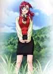  artist_request blue_eyes blue_sky brooch choker cloud cloudy_sky day forest grass highres jewelry kazami_mizuho long_sleeves looking_down nature onegai_teacher outdoors pencil_skirt pink_hair plant sidelocks skirt sky solo standing tree v_arms vest 