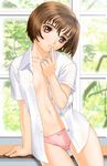  arm_support bow bow_panties brown_eyes brown_hair copyright_request dress_shirt leaning lowres no_bra no_pants open_clothes open_shirt panties pink_panties shirt short_hair solo standing tanaka_takayuki underwear 