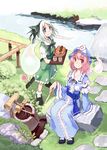  blue_eyes food grin hat hishaku konpaku_youmu konpaku_youmu_(ghost) long_sleeves multiple_girls pink_eyes pink_hair saigyouji_yuyuko senbei short_hair sitting sitting_on_rock smile stream touhou tray triangular_headpiece ushiki_yoshitaka water white_hair 