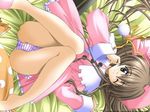  arisue_tsukasa bed brown_eyes brown_hair dress hat kanzaki_nanami long_sleeves one_eye_closed panties pantyshot pantyshot_(sitting) pink_dress pink_panties ren'ai_chu! sitting solo striped striped_panties underwear 