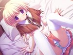  arm_support bed blonde_hair blouse green_panties komatsu_eiji labia lingerie long_sleeves majokko_a_la_mode_2 miniskirt mint_lentil panties pantyshot pantyshot_(sitting) petticoat purple_eyes ribbon short_hair sitting skirt solo striped striped_panties thighhighs underwear upskirt white_legwear 